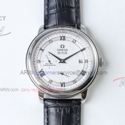 Perfect Replica Swiss AAA Omega De Ville White Diamond Roman Dial Black Leather Strap Watch